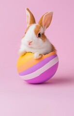 A small white and brown bunny hatches from an Easter-egg. Pink background.