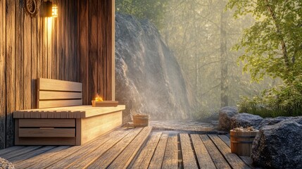 A beautiful outdoor sauna with wooden walls and a natural stone foundation, peaceful and rustic, ultra-detailed, 4k