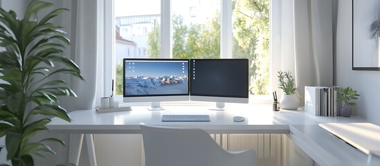 A modern home office setup featuring a sleek white desk, dual monitors, and a wireless keyboard.