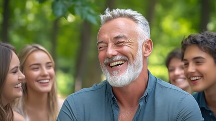 Obraz premium Joyful elderly man laughing with young friends in a beautiful green park on a sunny day