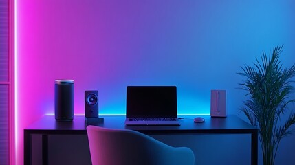 A stylish minimalist workspace with a black desk, a laptop, and a smart speaker.  home office setup.