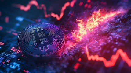 Burning Bitcoin with Blue and Purple Flames Disintegrating on Stock Market Board