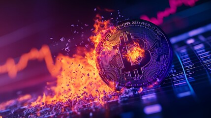 Burning Bitcoin with Blue and Purple Flames Disintegrating on Stock Market Board
