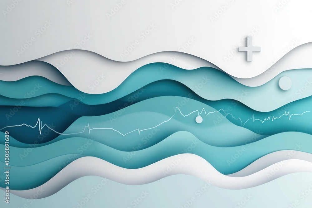 Poster layered paper art design with calming blue tones and subtle medical symbols for health and wellness 