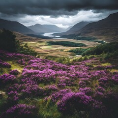 Fototapeta premium a breathtaking highland valley with purple heather in full bloom.