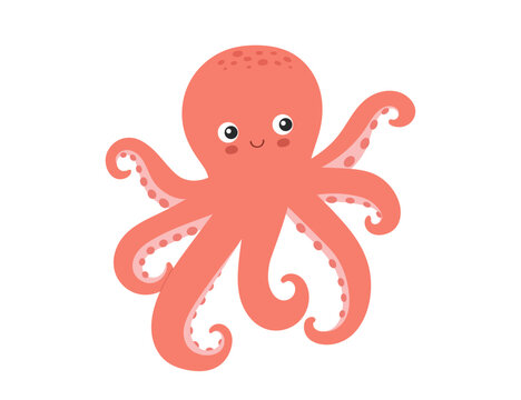 Cute flat octopus, cartoon sea animal character isolated illustration, hand drawn vector clipart for children