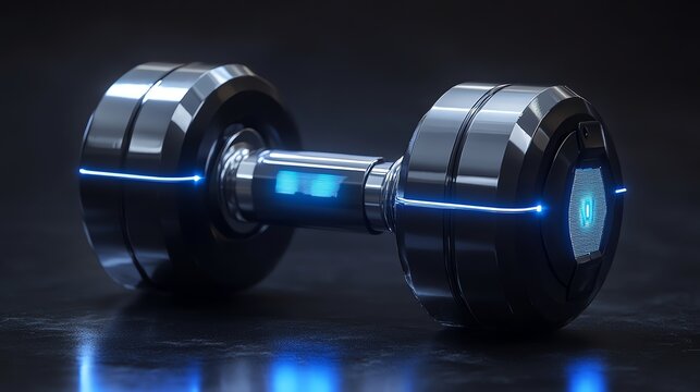 Futuristic Dumbbell with Blue Glow on Dark Background