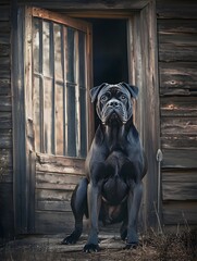 a Cane Corso guarding a rustic farmhouse, its powerful stance radiating confidence.