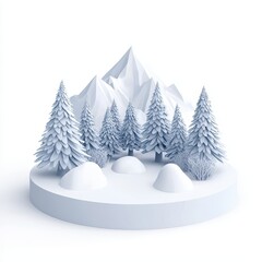 Minimalist Winter Landscape Snowy Mountains Pine Trees 3D Render Illustration