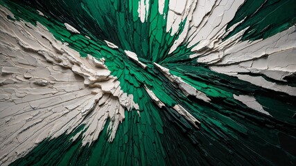 Abstract wallpaper with contrasting green and white colors. The impression of a peeling layer or natural geological structure, similar to a torn or eroded surface. Generative AI.