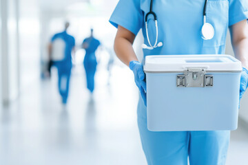 medical professional in scrubs carries cooler for organ transport in hospital corridor, showcasing dedication and urgency in healthcare