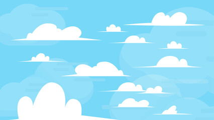 Flat Style Sky and White Clouds Illustration. Blue Cloudy Vector Background. Nature Abstract Wallpaper. Vector.
