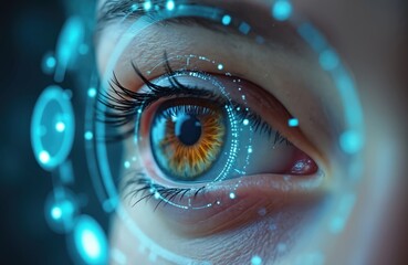 Close-up of human eye with futuristic tech interface. Digital biometric scan, iris recognition, cyber security, authentication. Artificial intelligence system, human-machine interaction, tracking