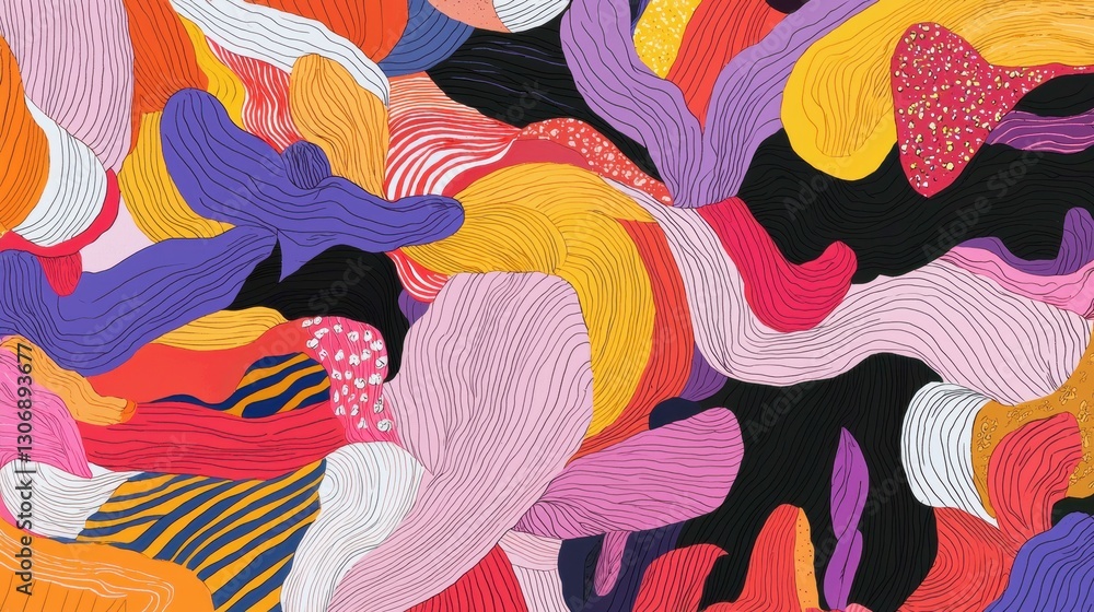 Poster abstract digital art piece with a colorful and dynamic composition. it features a variety of shapes 
