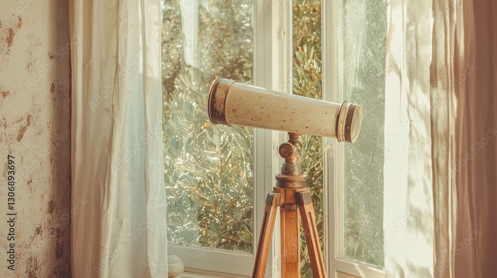 Poster telescope on a tripod in front of a window with white curtains. the telescope is old and weathered, 