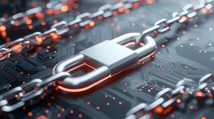 Digital security concept with metallic chain and padlock on circuit board symbolizing online protection.