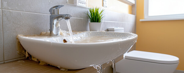 Overflowing sink causing water damage in cluttered bathroom, highlighting need for immediate attention and repair. scene captures urgency of plumbing issues