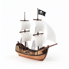 Wooden Pirate Ship Model with Jolly Roger Sailboat 3D Render Nautical Decor Adventure at Sea