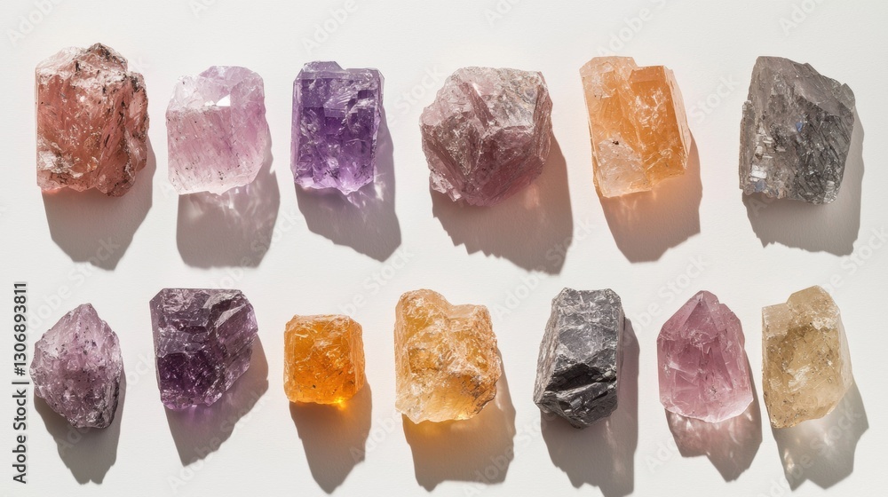 Poster collection of nine different types of crystals arranged in a grid-like pattern on a white background