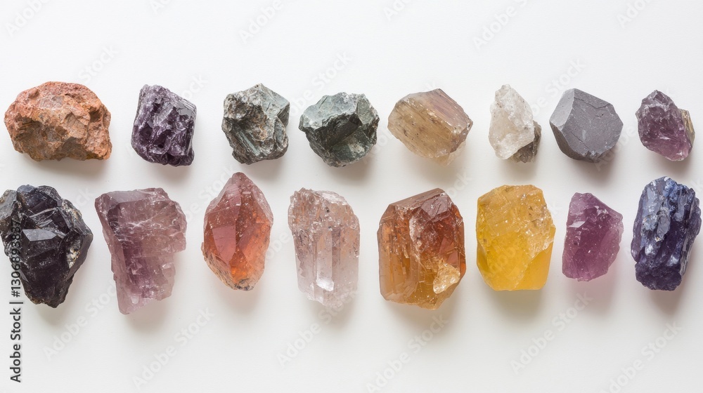 Aufkleber collection of small, irregularly shaped crystals arranged in a grid-like pattern on a white backgrou