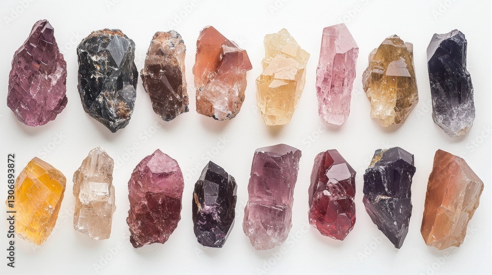 Poster collection of nine different types of crystals arranged in a grid-like pattern on a white background