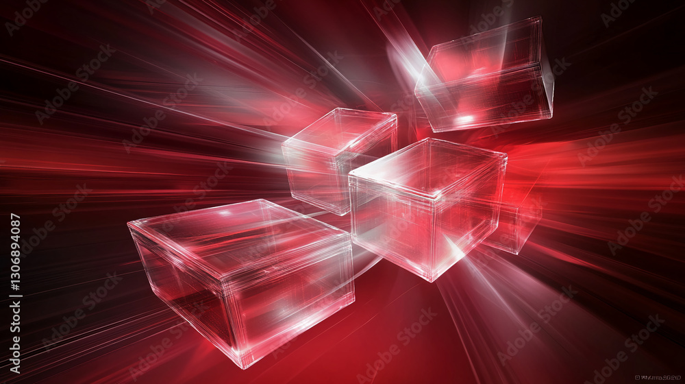 Poster Abstract image of translucent red cubes on a red radial background, creating a dynamic and energetic showcase, symbolizing speed, technology, or innovation