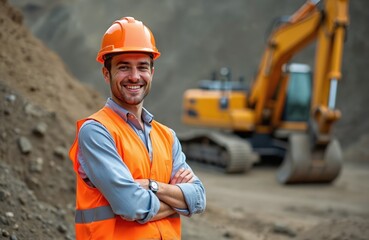Young engineer in hard hat, safety vest smiles at camera on construction site. Confident construction worker standing in front of excavator, looks satisfied. Men at work, heavy machinery, industry
