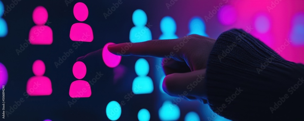 Poster hand interacting with neon glowing user interface digital network selecting profiles online