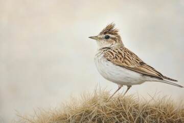 Skylark Bird Drawing. Isolated Nature Illustration of Lark with Crested White Feathers