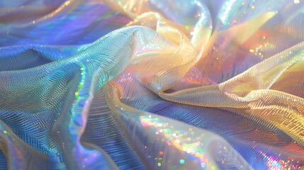 Close-up of iridescent fabric, showing a range of rainbow colors.