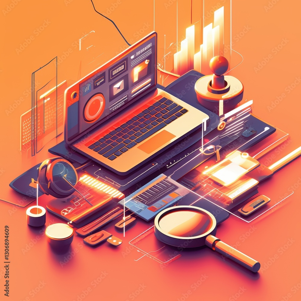 Poster modern laptop with data analytics search magnifier and isometric design elements