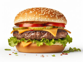 Delicious Cheeseburger with Sesame Bun,Lettuce, Tomato,Cheddar Cheese,and Grilled Beef Patty Isolated on White Background,ripe tomato slices,Cheeseburger,beef patty,fast food,Ai