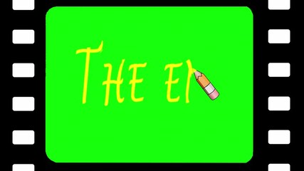 The End credits written in yellow pencil in a comical "on write" style against a running film strip. Cartoon style, chromakey, frames, layout