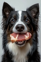 Fototapeta premium 1. Playful portrait of a dog with a meat bone.
