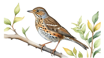 Fototapeta premium Watercolor painted song thrush bird on a white background.