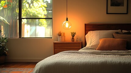 A cozy bedroom featuring a wooden bed frame, soft linens, and a stylish nightstand with a lamp, in a well-lit room