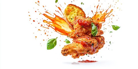 Crispy fried chicken with cheesy garlic bread and tomato basil sauce splashes floating on a bright white backdrop