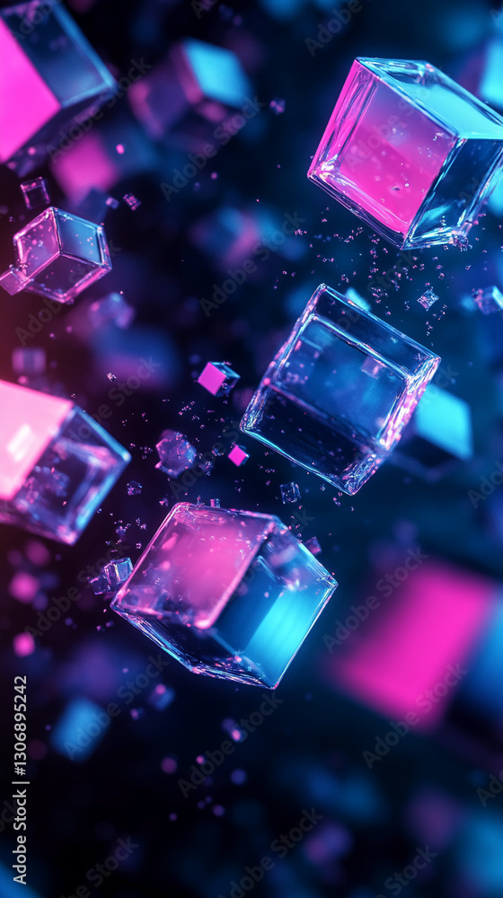 Poster floating translucent cubes, illuminated in pink and blue neon light, create dynamic and energetic vi
