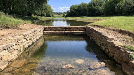 Wastewater treatment pond, An oxidation pond showcasing both clear and murky water sections in high fidelity resolution.
