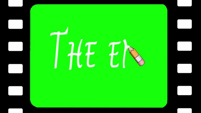 The End credits written in white pencil in a comical "on write" style against a running film strip. Cartoon style, chromakey, frames, layout
