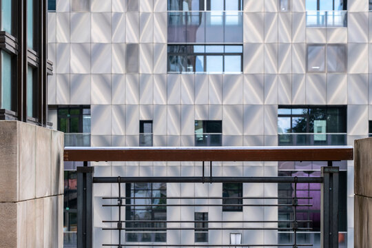 Contemporary architecture in London with a mix of textures and materials, capturing modern urban aesthetics and innovative design.