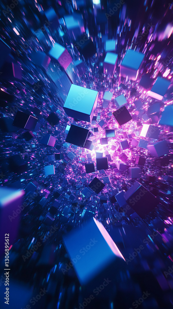 Aufkleber Abstract image of blue and purple cubes exploding from a central point, creating a dynamic and energetic visual effect, showcasing movement and technology
