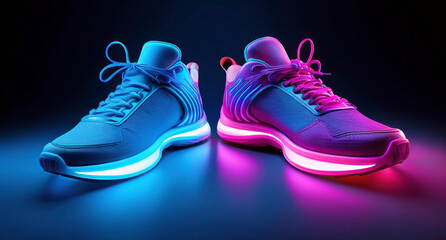 Sneakers neon blue and pink shoes, glowing lamp, isolated on black background. Fluorescent luminescent illumination, Ui glow