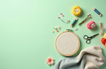 Top view of embroidery set with hoop, cloth, colorful threads, flower decor, scissors on green background. Needlework hobby concept. Handcraft material flat lay with space. Sewing tools, accessories