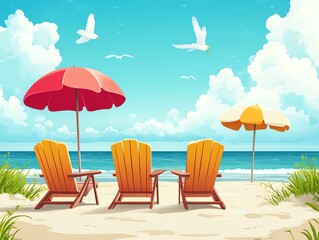 Cartoon outdoor beach furniture, cute beach chairs and tables, relaxed summer atmosphere, fun and vibrant colors, sunny shoreline