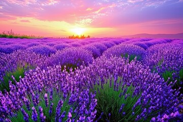 Naklejka premium A dreamy landscape of rolling lavender fields under a pink and orange sunset sky, exuding tranquility and beauty. 