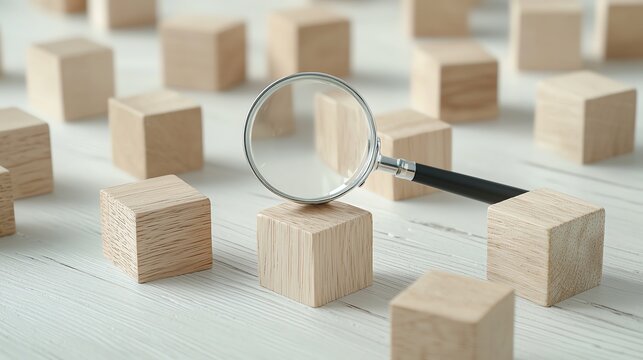 Magnifying glass focuses on wooden cubes, symbolizing analysis and exploration in decision-making and strategy.