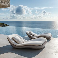 Contemporary beach lounge furniture, wide ocean horizon, soft ocean breeze, stylish seating by the water, tranquil beach setting