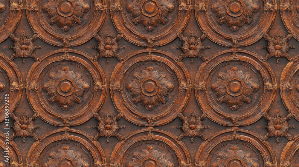 Aufkleber close-up of a wooden panel with a repeating pattern. the panel is made up of multiple circular panel