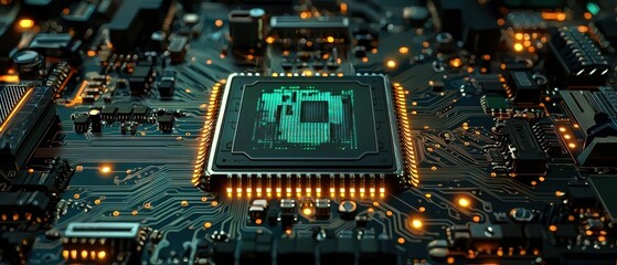 A high-tech futuristic circuit board glowing with neon green and blue lights, representing the ever-evolving world of technology. 